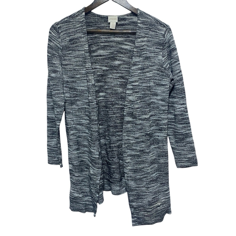 Chicos Cardigan Womens L 12 Gray Black Space Dye Lightweight Wool Blend